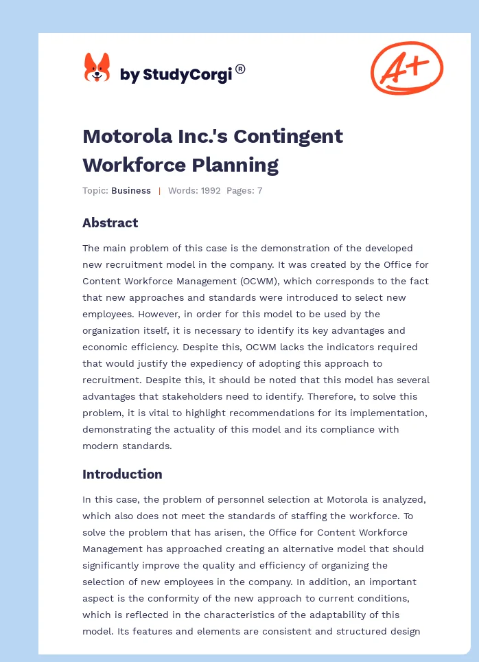 Motorola Inc.'s Contingent Workforce Planning. Page 1