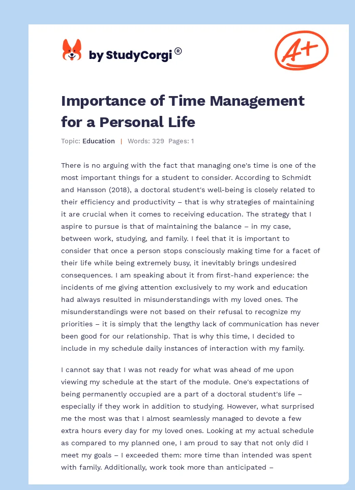 Importance of Time Management for a Personal Life. Page 1