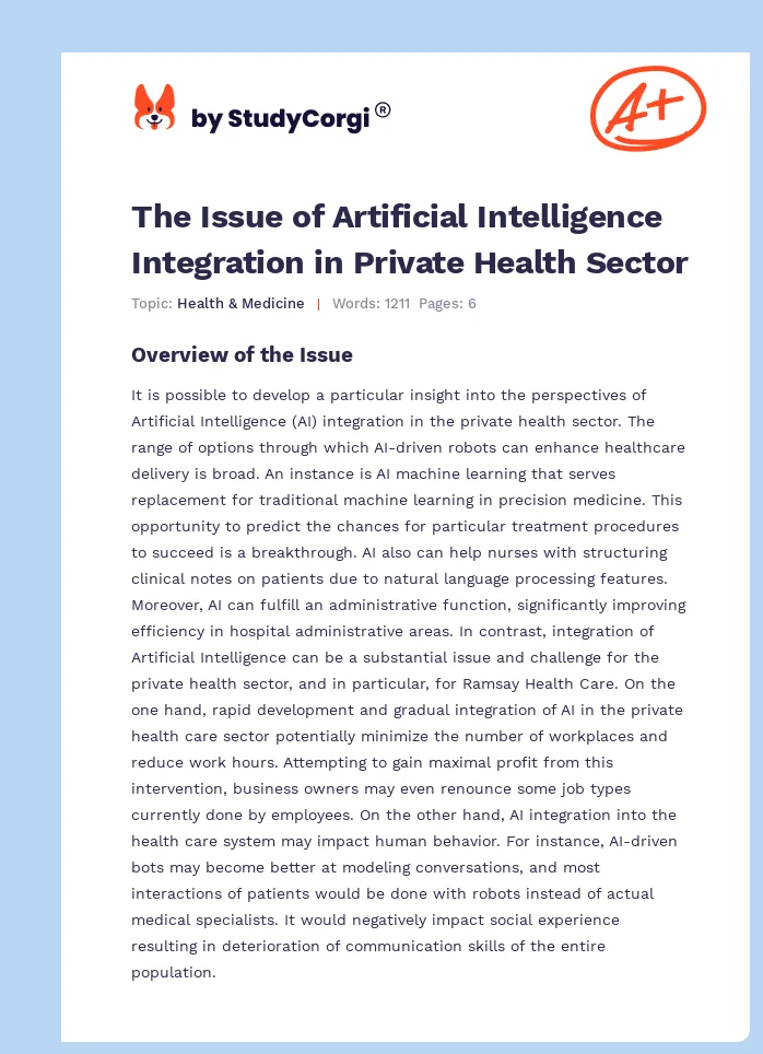 The Issue of Artificial Intelligence Integration in Private Health Sector. Page 1