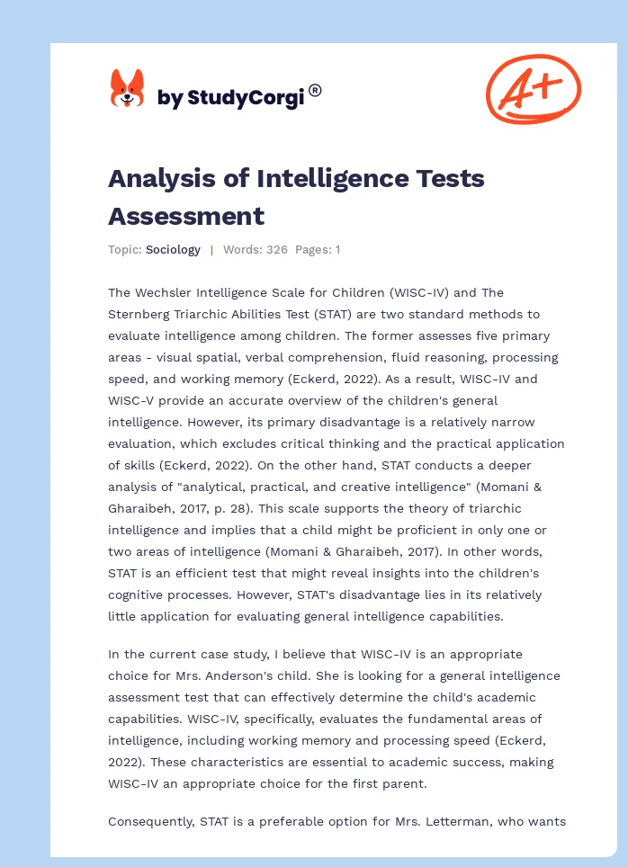 Analysis of Intelligence Tests Assessment. Page 1