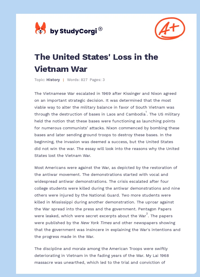 The United States' Loss in the Vietnam War. Page 1