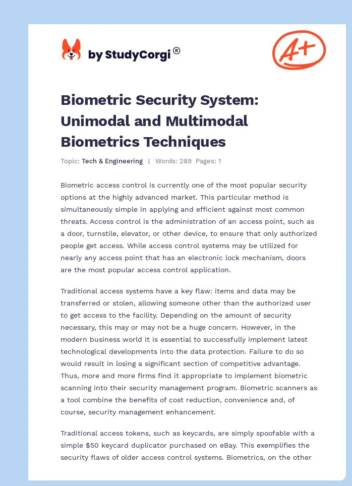 Biometric Security System: Unimodal and Multimodal Biometrics Techniques. Page 1