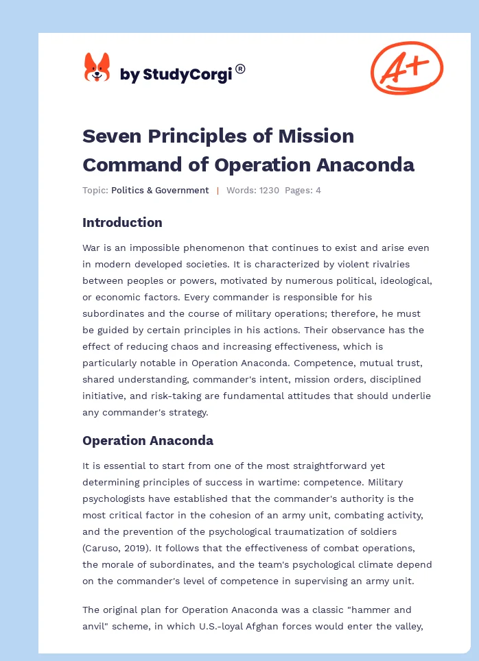 Seven Principles of Mission Command of Operation Anaconda. Page 1