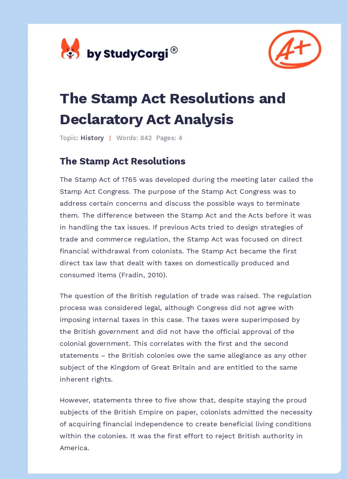 The Stamp Act Resolutions and Declaratory Act Analysis. Page 1