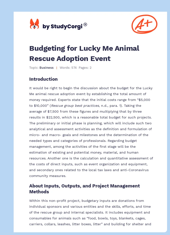 Budgeting for Lucky Me Animal Rescue Adoption Event. Page 1