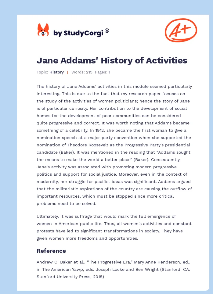 Jane Addams' History of Activities. Page 1