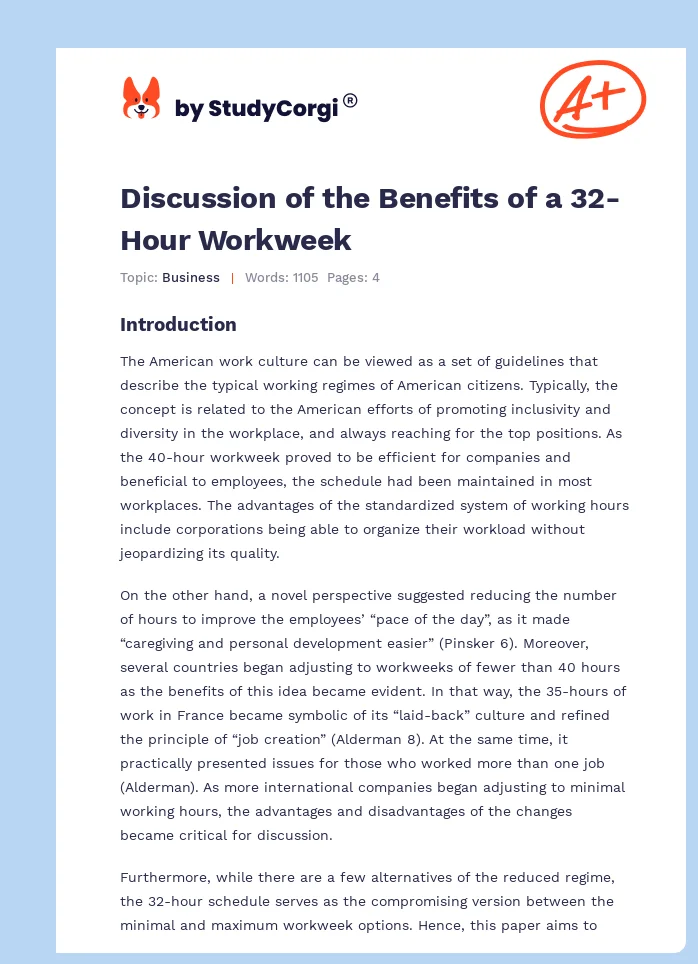 Discussion of the Benefits of a 32-Hour Workweek. Page 1