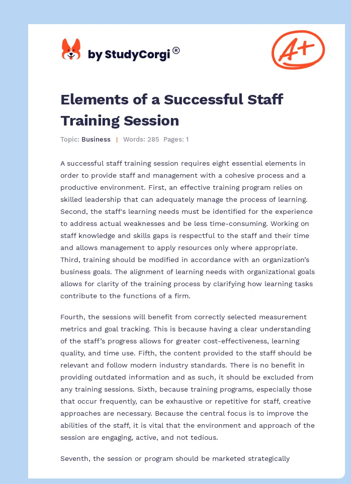 Elements of a Successful Staff Training Session. Page 1