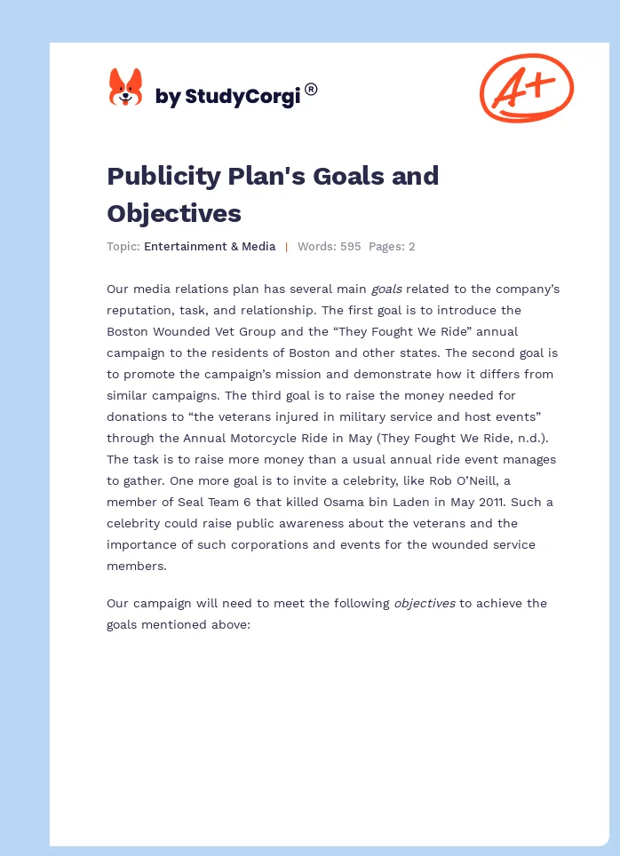 Publicity Plan's Goals and Objectives. Page 1