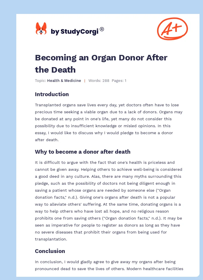 organ donor essay example