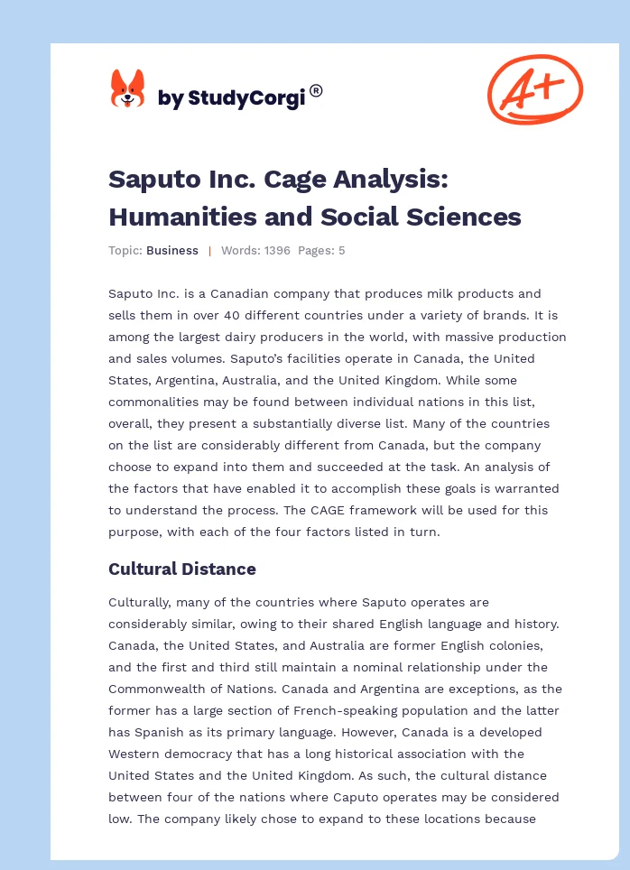 Saputo Inc. Cage Analysis: Humanities and Social Sciences. Page 1