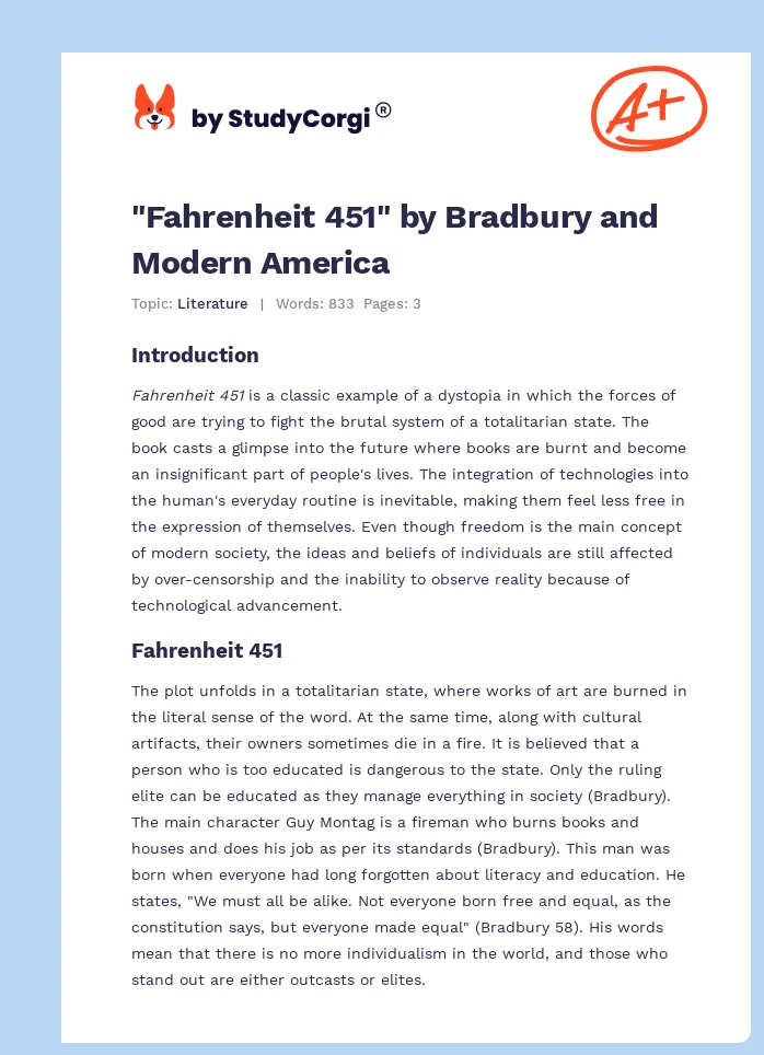"Fahrenheit 451" by Bradbury and Modern America. Page 1
