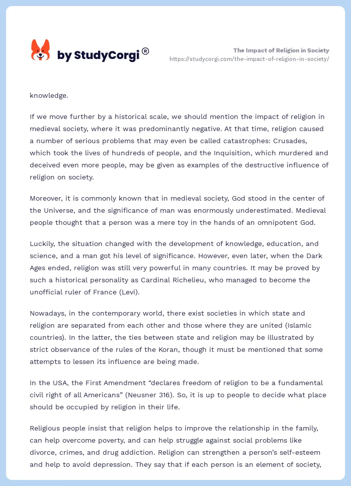 impact of religion on society essay brainly