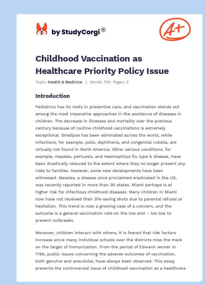 Childhood Vaccination as Healthcare Priority Policy Issue. Page 1