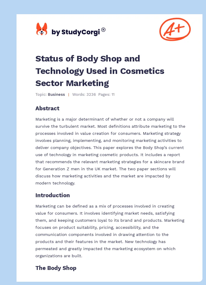 Status of Body Shop and Technology Used in Cosmetics Sector Marketing. Page 1