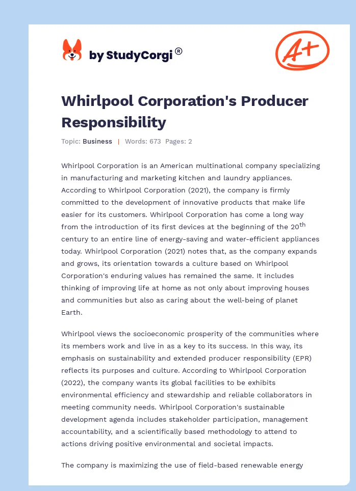 Whirlpool Corporation's Producer Responsibility. Page 1