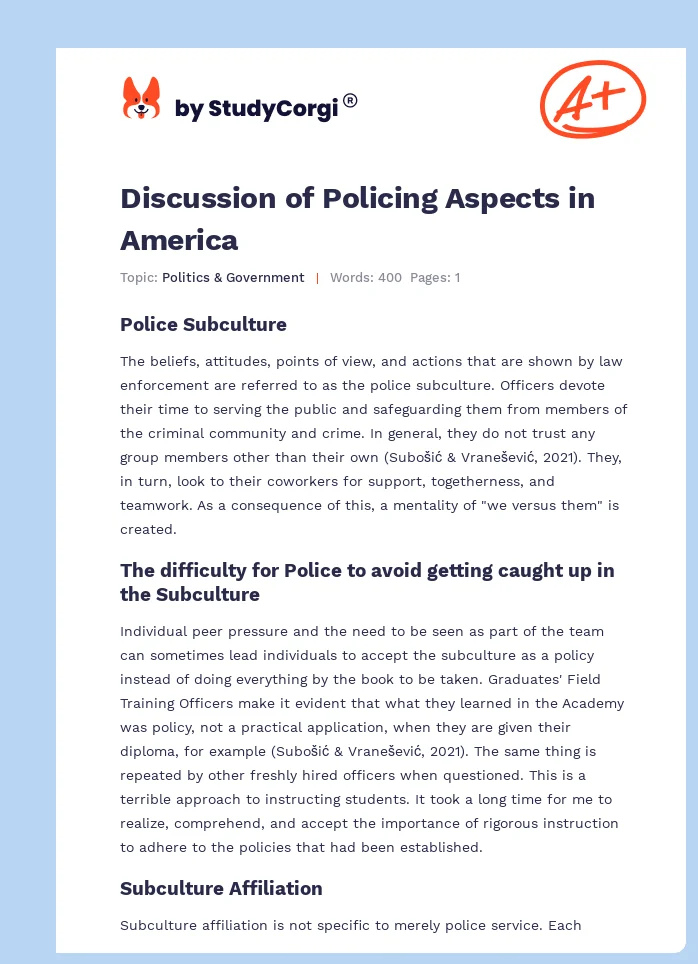 Discussion of Policing Aspects in America. Page 1