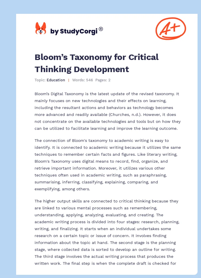 Bloom’s Taxonomy for Critical Thinking Development. Page 1