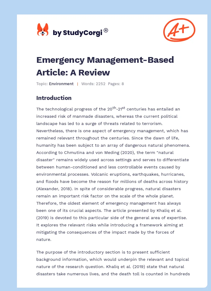 Emergency Management-Based Article: A Review. Page 1