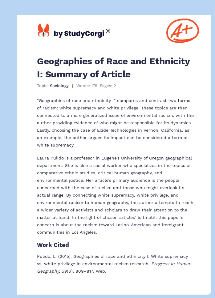 Geographies of Race and Ethnicity I: Summary of Article. Page 1