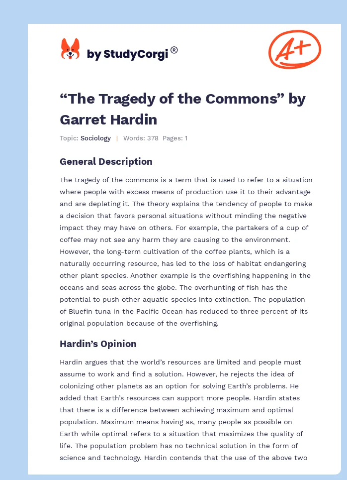tragedy of the commons essay hardin