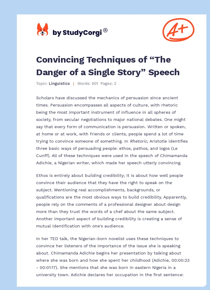 Convincing Techniques of “The Danger of a Single Story” Speech. Page 1
