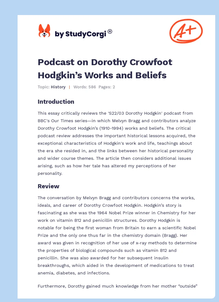 Podcast on Dorothy Crowfoot Hodgkin’s Works and Beliefs. Page 1