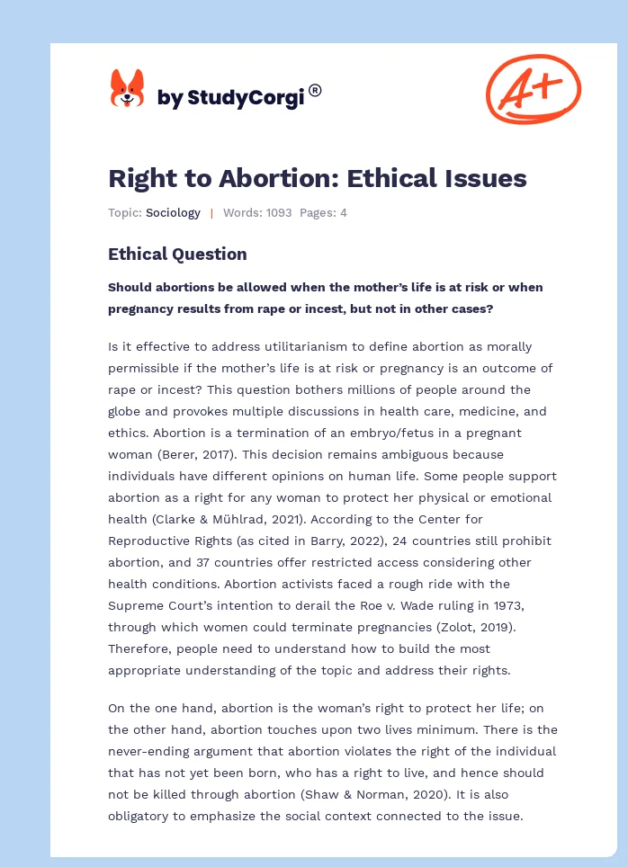 Right to Abortion: Ethical Issues. Page 1