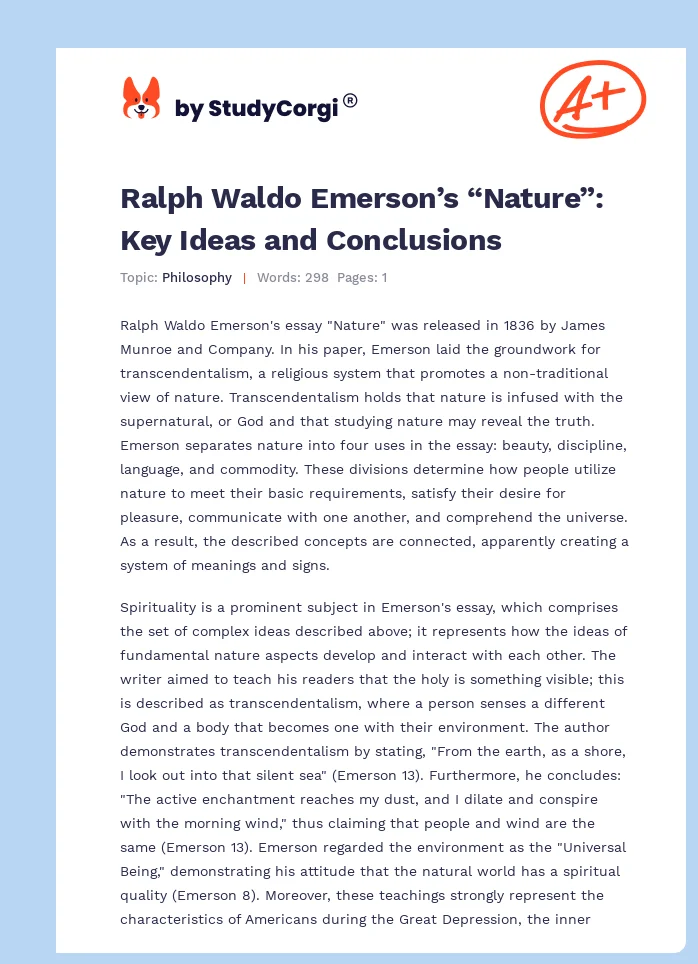 Ralph Waldo Emerson’s “Nature”: Key Ideas and Conclusions. Page 1