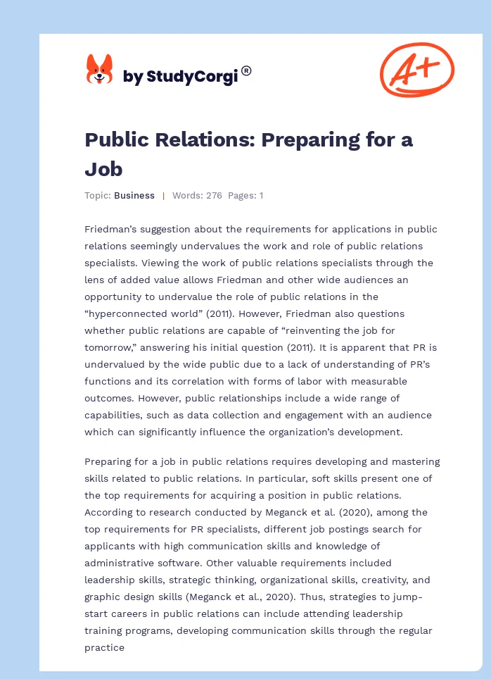 Public Relations: Preparing for a Job. Page 1