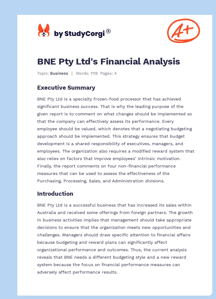 BNE Pty Ltd's Financial Analysis. Page 1