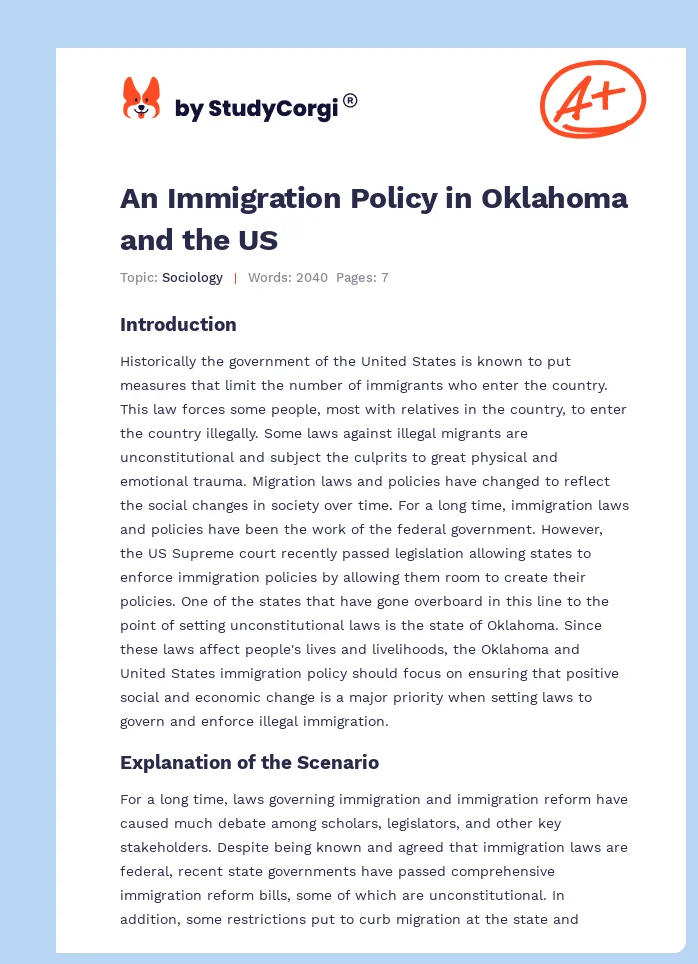 An Immigration Policy in Oklahoma and the US. Page 1