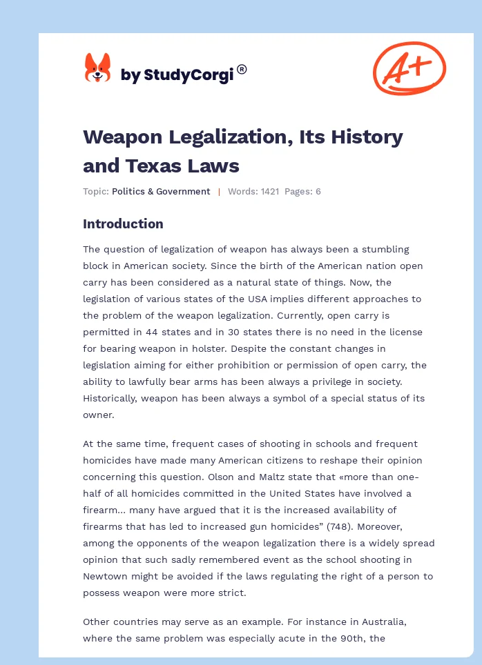 Weapon Legalization, Its History and Texas Laws. Page 1