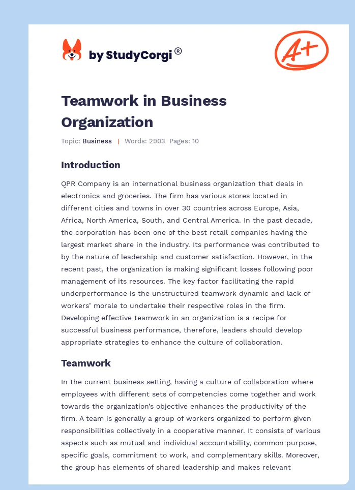 Teamwork in Business Organization. Page 1