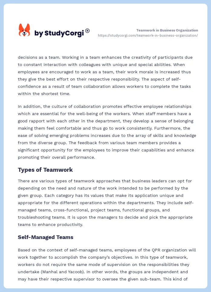 Teamwork in Business Organization. Page 2