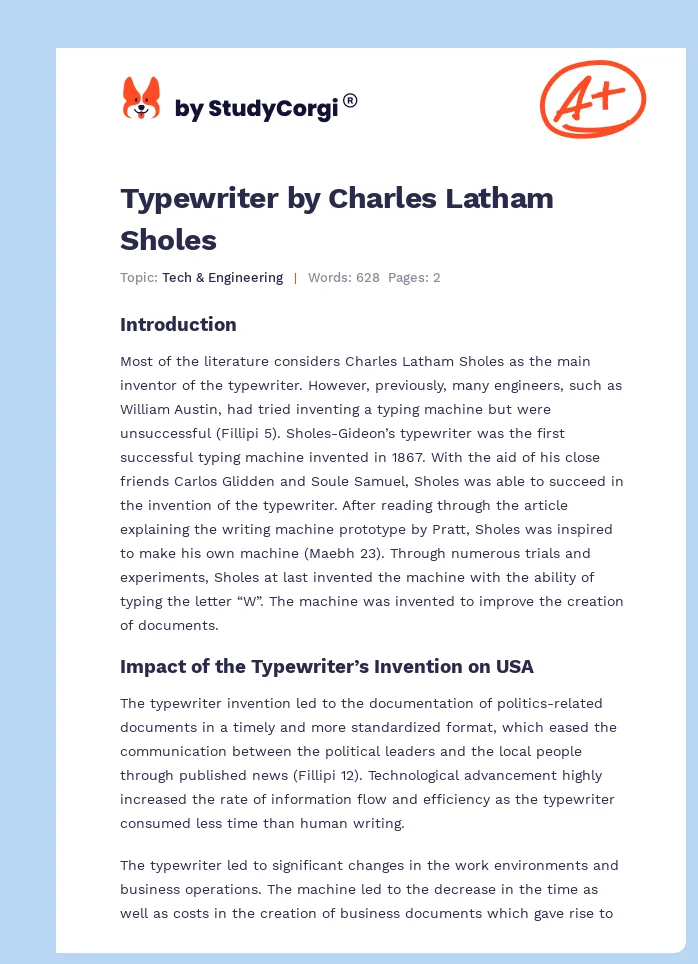 Typewriter by Charles Latham Sholes. Page 1