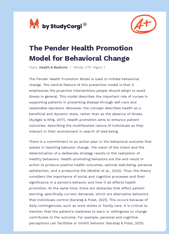 The Pender Health Promotion Model for Behavioral Change. Page 1