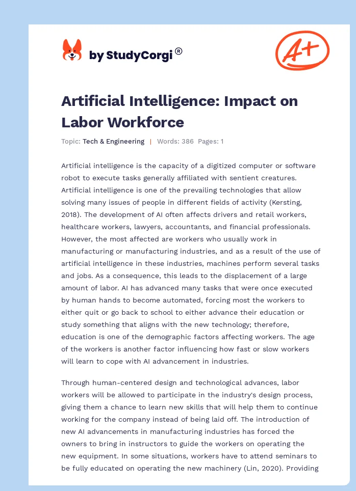 Artificial Intelligence: Impact on Labor Workforce. Page 1