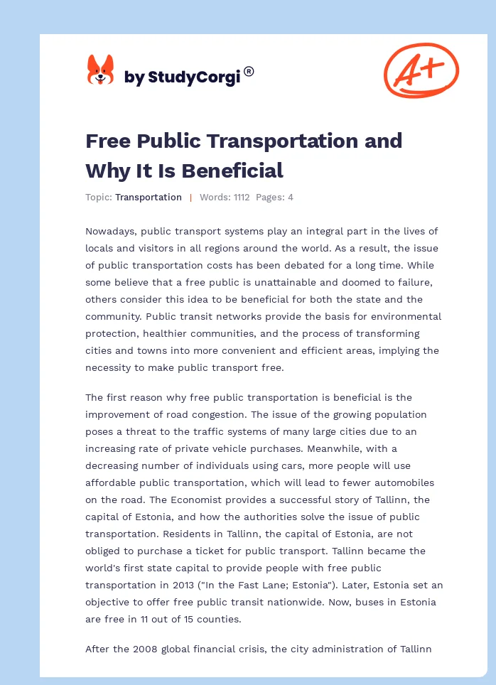 Free Public Transportation and Why It Is Beneficial. Page 1