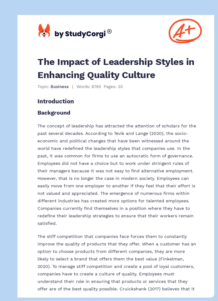 The Impact of Leadership Styles in Enhancing Quality Culture. Page 1