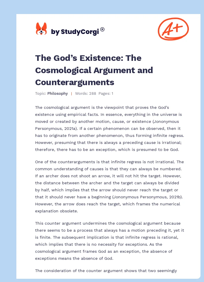 The God’s Existence: The Cosmological Argument and Counterarguments. Page 1