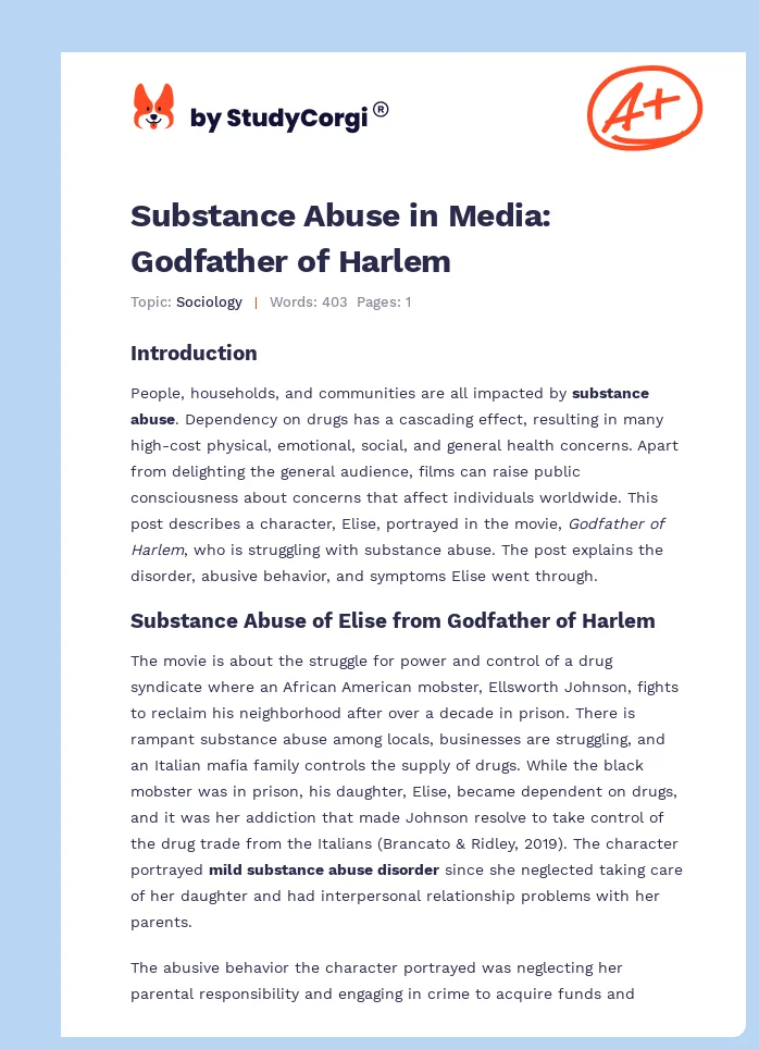 Substance Abuse in Media: Godfather of Harlem. Page 1