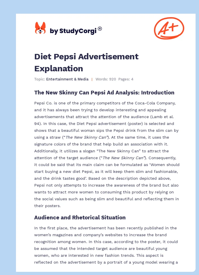 Diet Pepsi Advertisement Explanation. Page 1