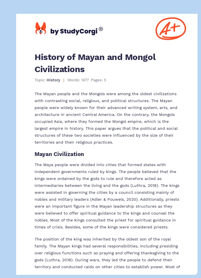 History of Mayan and Mongol Civilizations. Page 1