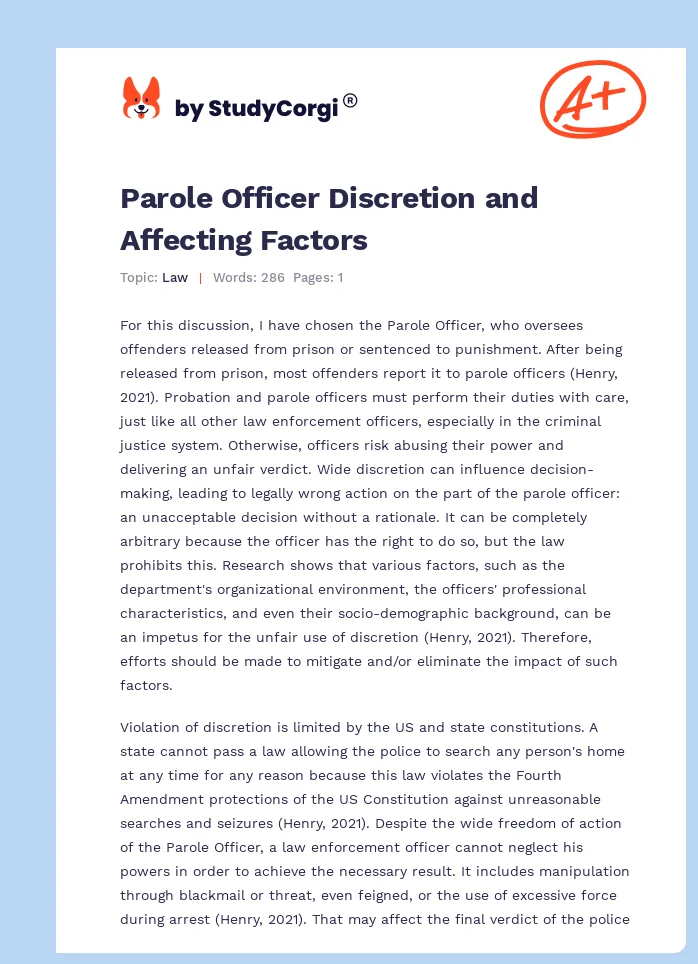 Parole Officer Discretion and Affecting Factors. Page 1