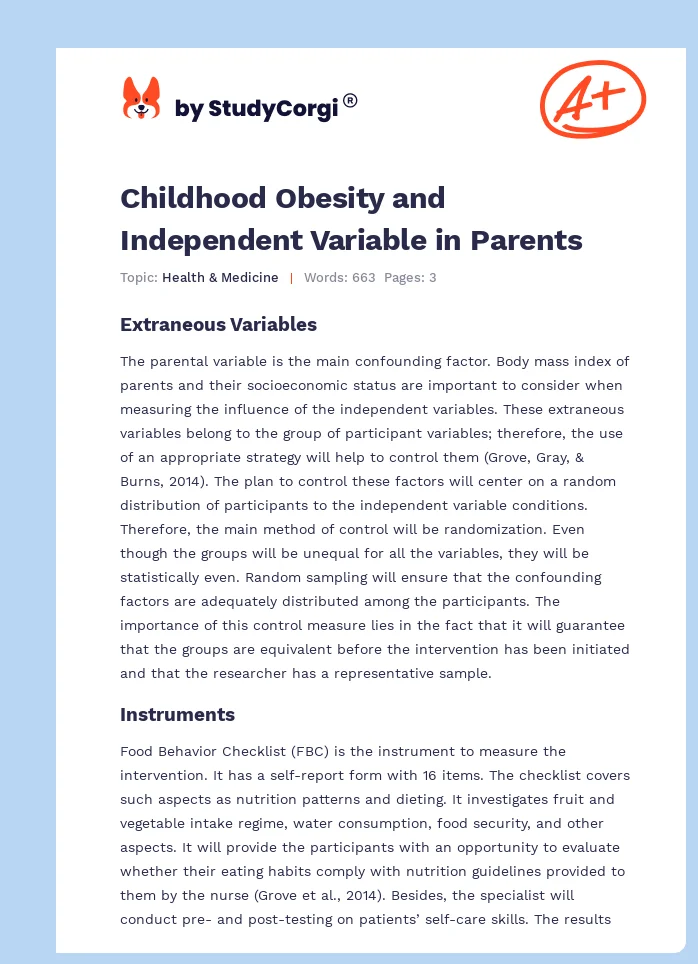Childhood Obesity and Independent Variable in Parents. Page 1