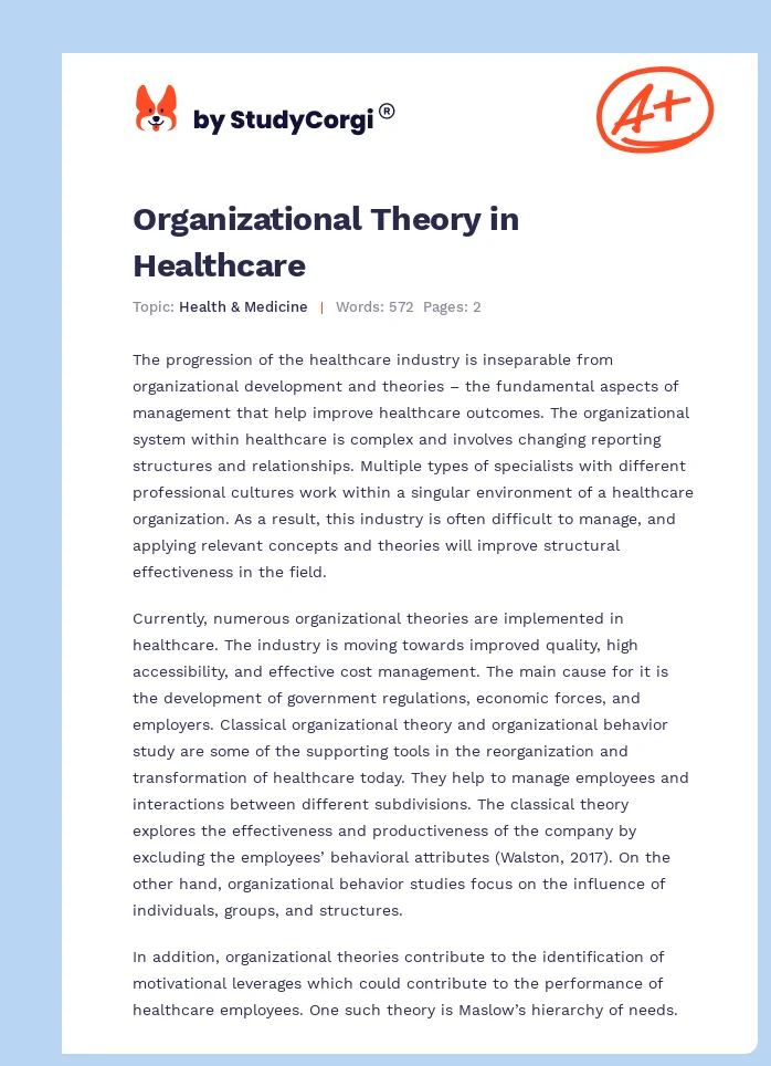Organizational Theory in Healthcare. Page 1