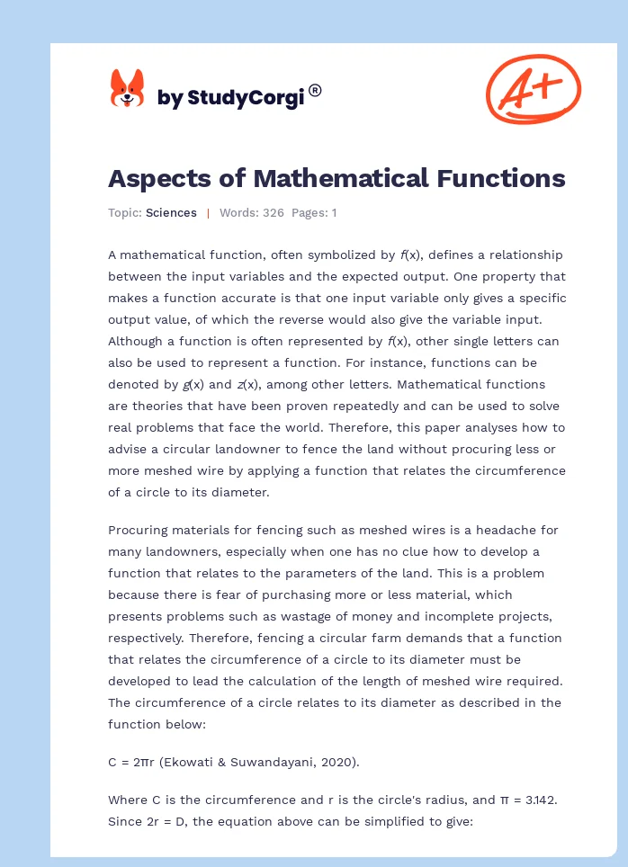 Aspects of Mathematical Functions. Page 1