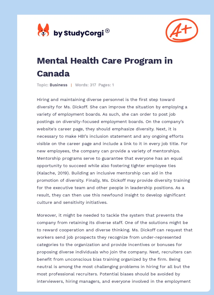 Mental Health Care Program in Canada. Page 1