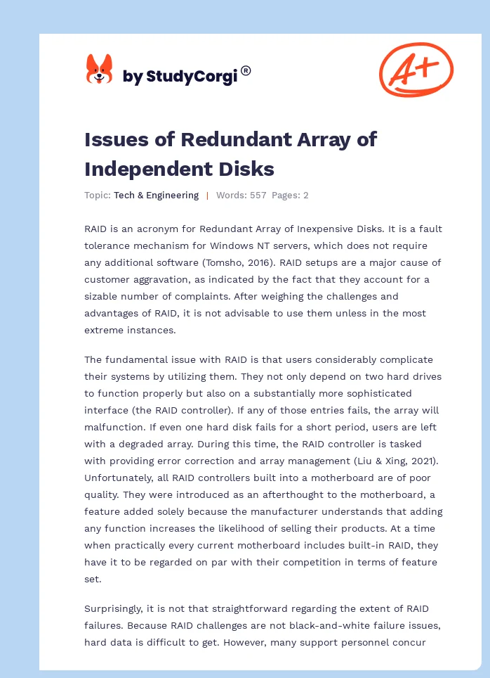 Issues of Redundant Array of Independent Disks. Page 1